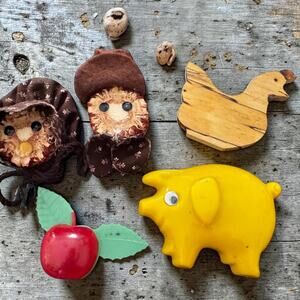Vintage Fridge Magnets Pig, Apple, Wood Duck, Fabric Dolls Set